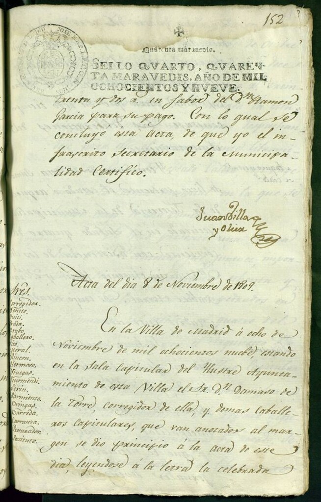Miniatura de Libro de Acuerdos del Ayuntamiento de Madrid del 8 de Noviembre de 1809