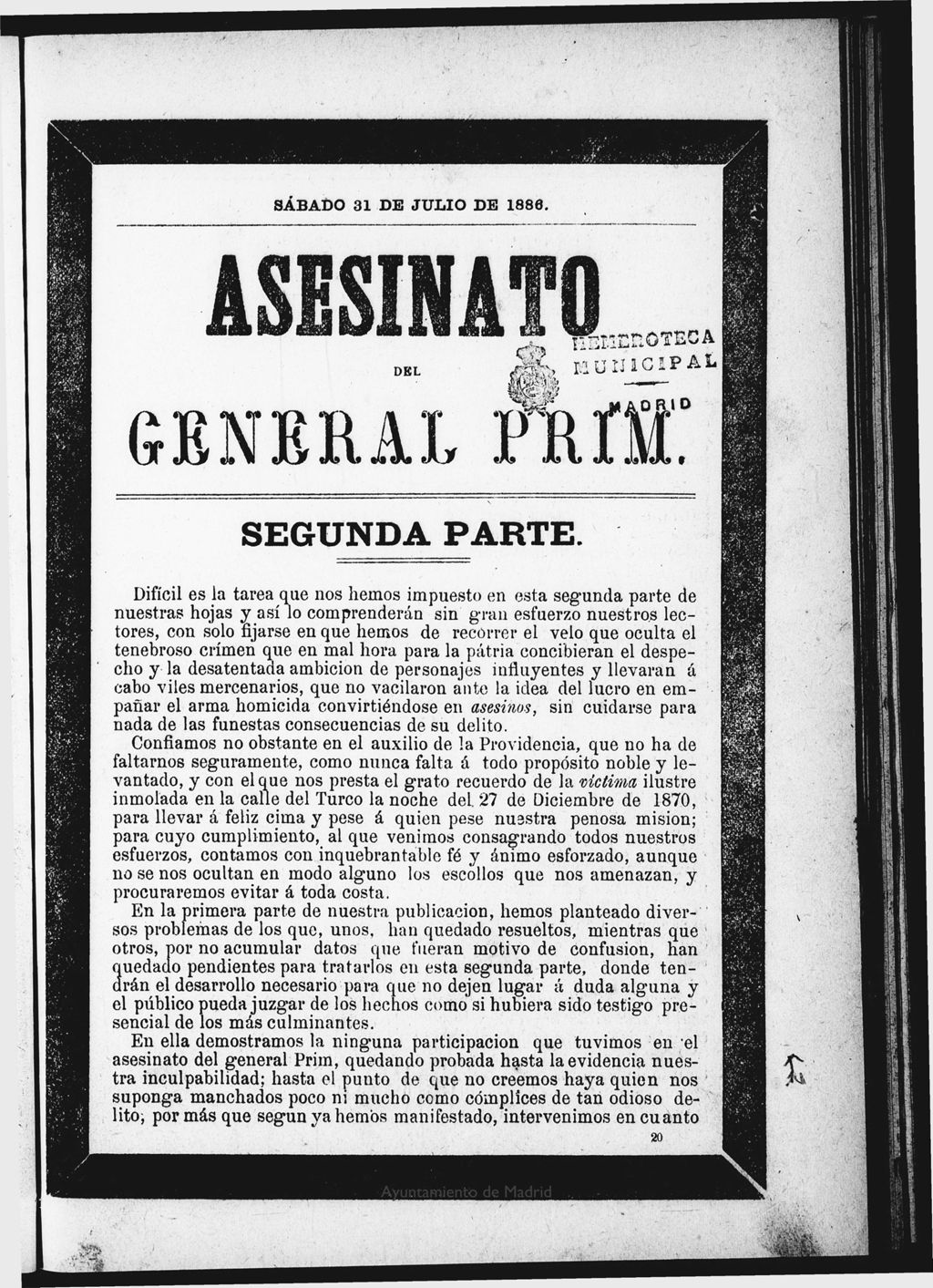 Miniatura de Asesinato del General Prim. Sábado 31 de julio de 1886