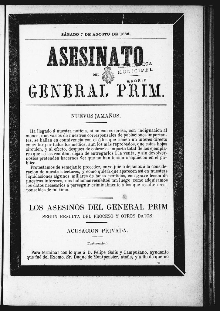 Miniatura de Asesinato del General Prim. Sábado 7 de agosto de 1886