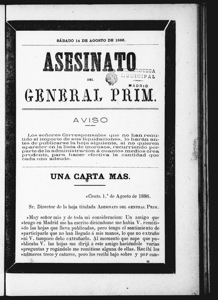 Miniatura de Asesinato del General Prim. Sábado 14 de agosto de 1886