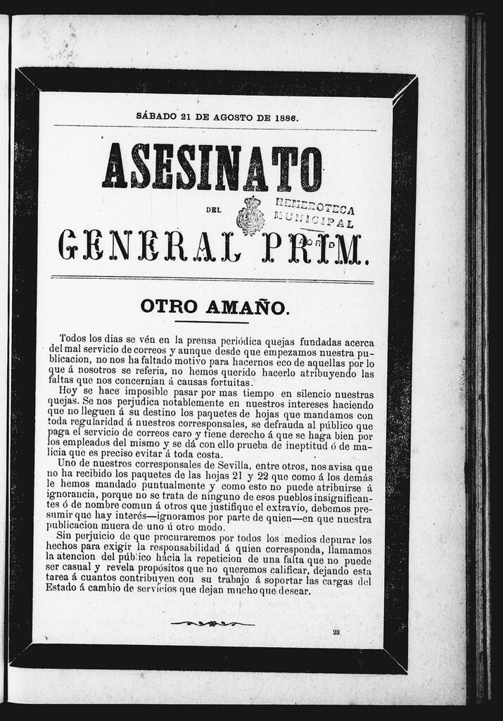Miniatura de Asesinato del General Prim. Sábado 21 de agosto de 1886