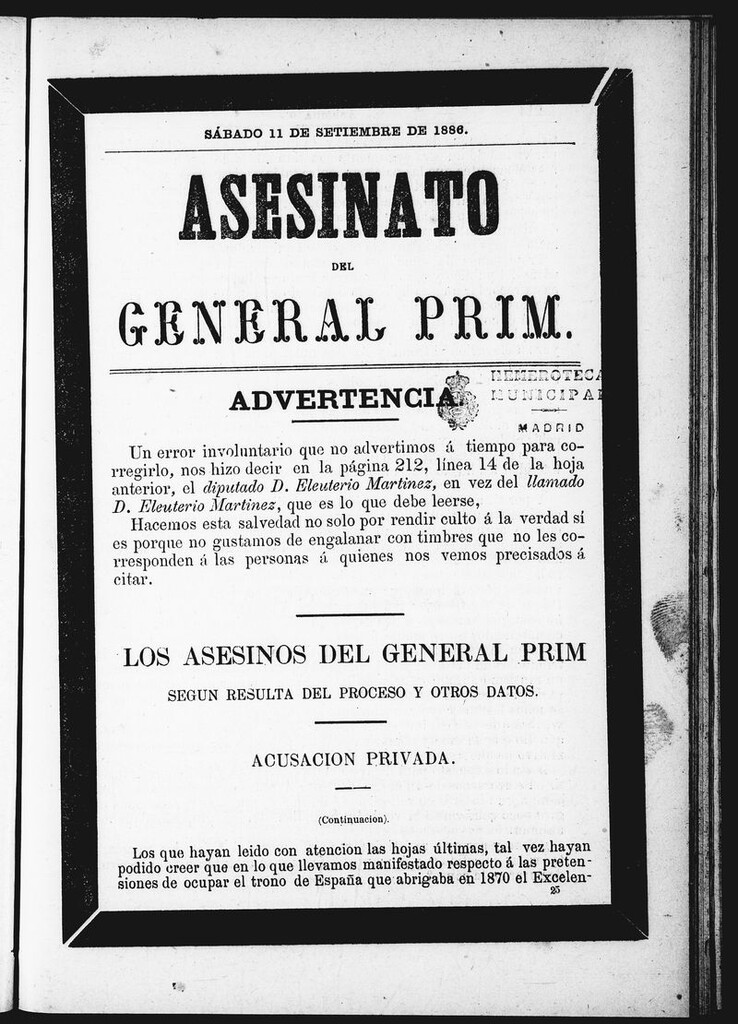 Miniatura de Asesinato del General Prim. Sábado 11 de septiembre de 1886