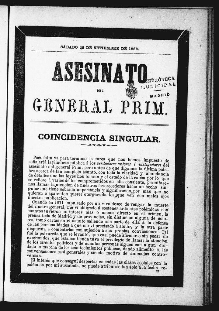 Miniatura de Asesinato del General Prim. Sábado 25 de septiembre de 1886