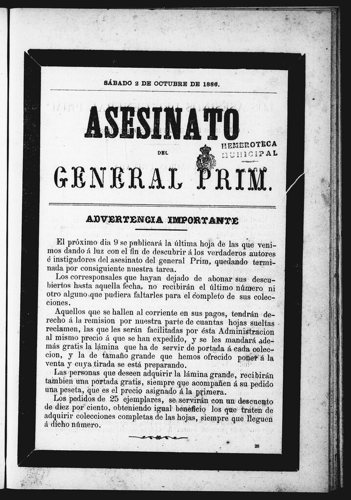 Miniatura de Asesinato del General Prim. Sábado 2 de octubre de 1886