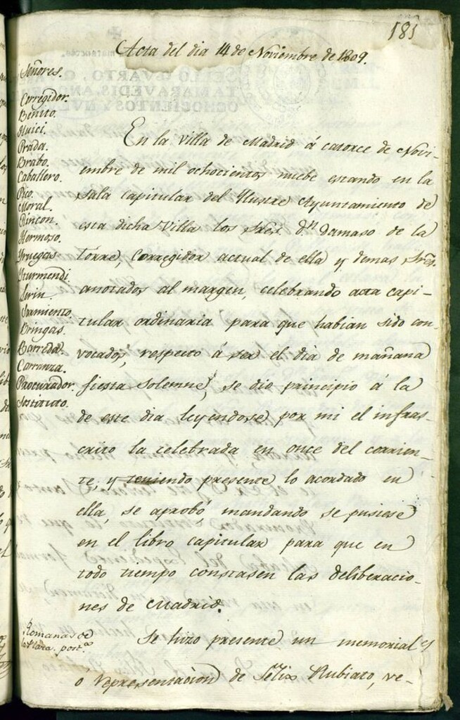 Miniatura de Libro de Acuerdos del Ayuntamiento de Madrid del 14 de Noviembre de 1809