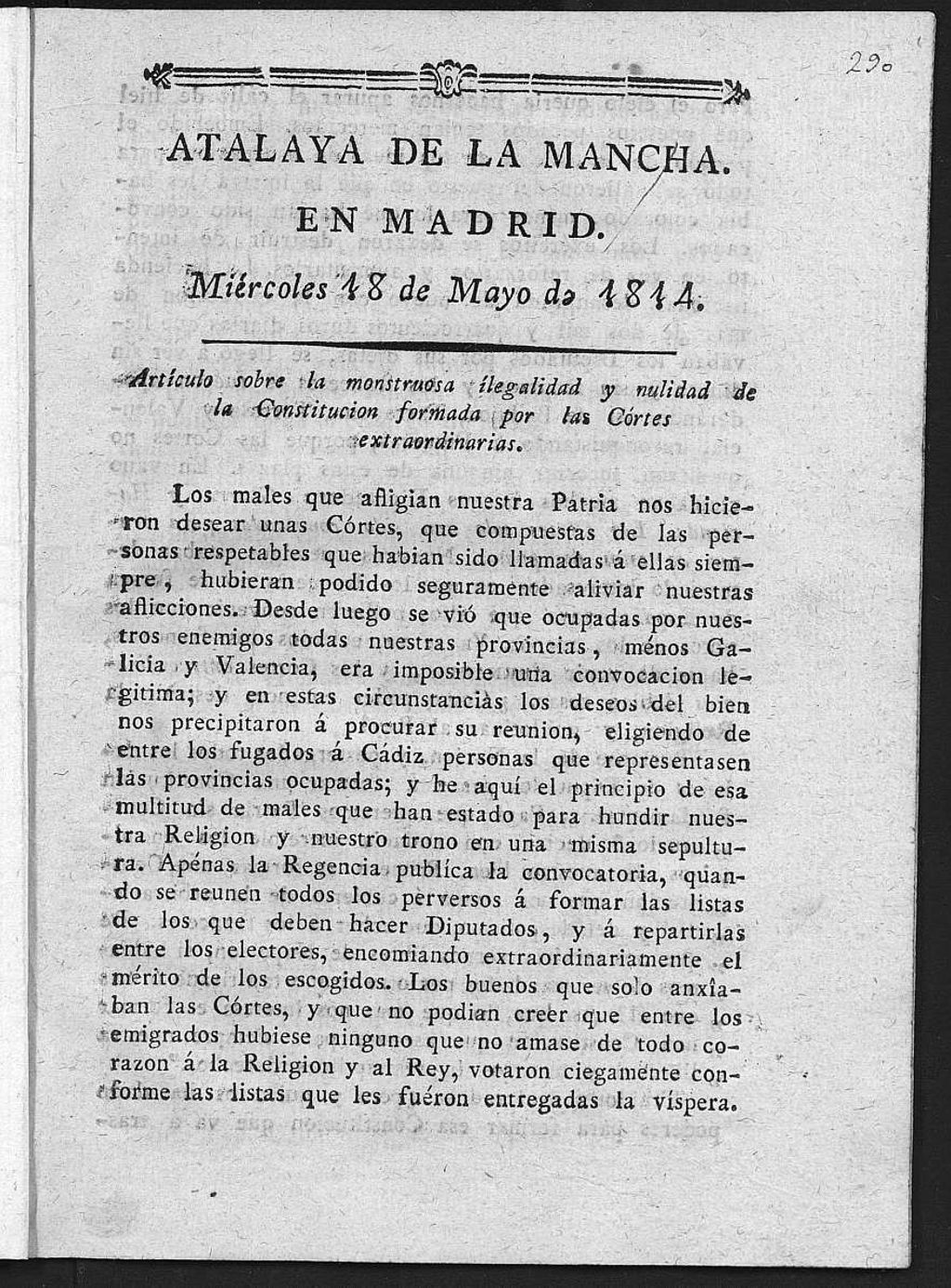 Miniatura de Atalaya de la Mancha en Madrid del miércoles 18 de Mayo de 1814