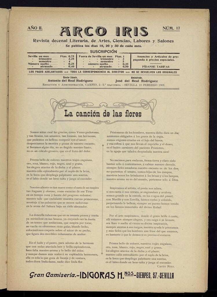 Miniatura de Arco Iris: revista literaria de artes, ciencias, modas y salones del 10 de febrero de 1907, nº 17