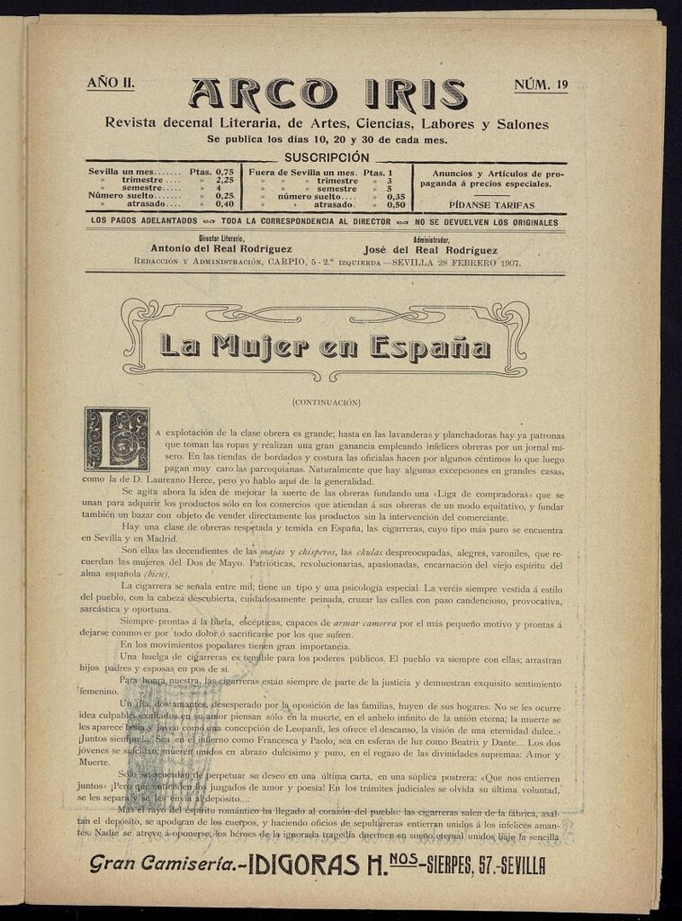 Miniatura de Arco Iris: revista literaria de artes, ciencias, modas y salones del 28 de febrero de 1907, nº 19