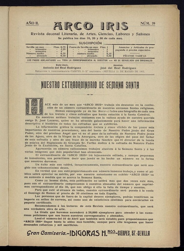 Miniatura de Arco Iris: revista literaria de artes, ciencias, modas y salones del 11 de marzo de 1907, nº 20