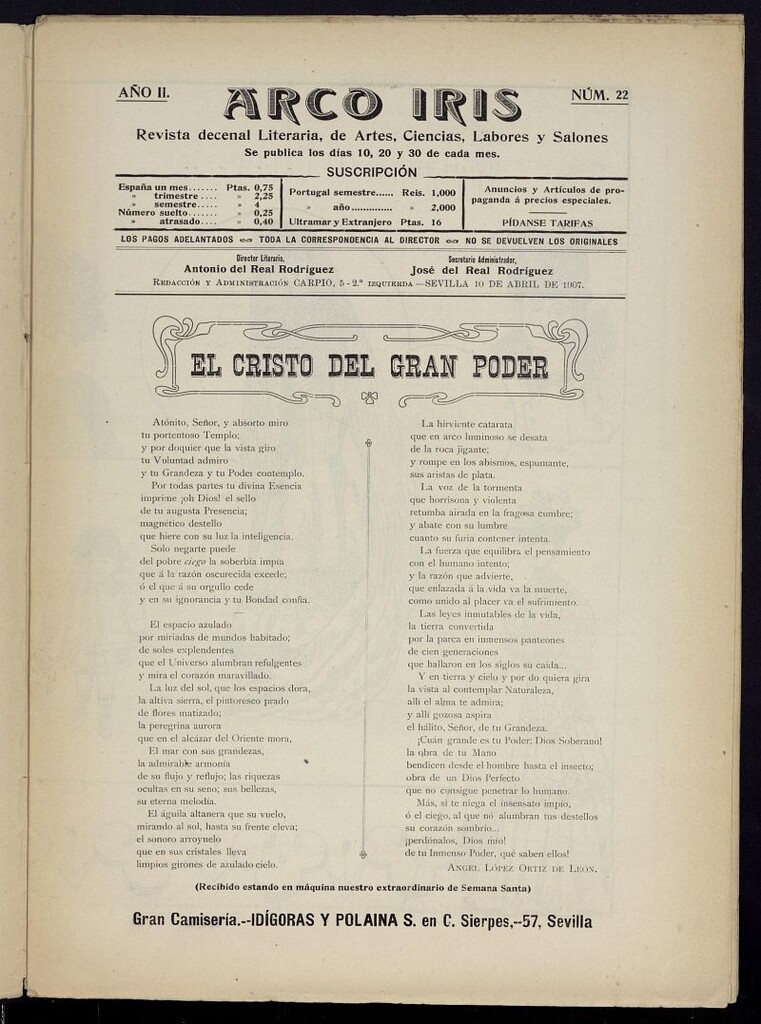 Miniatura de Arco Iris: revista literaria de artes, ciencias, modas y salones del 10 de abril de 1907, nº 22