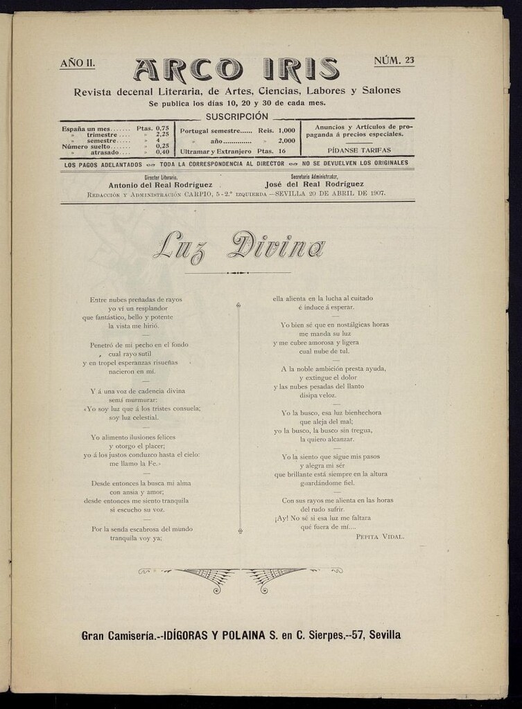 Miniatura de Arco Iris: revista literaria de artes, ciencias, modas y salones del 20 de abril de 1907, nº 23