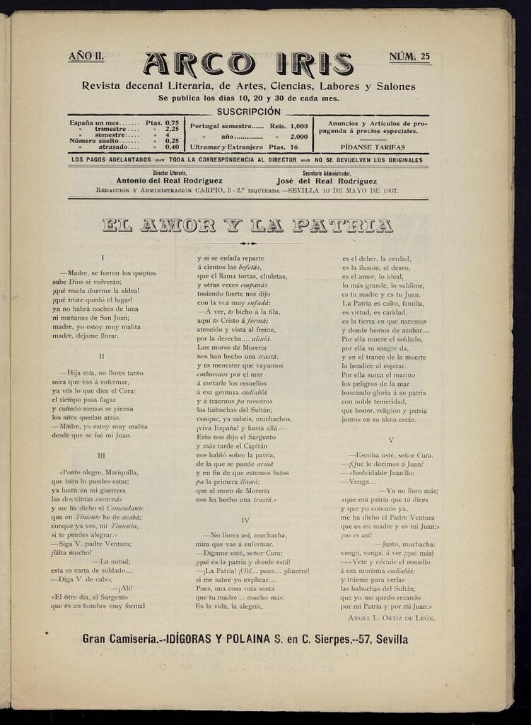 Miniatura de Arco Iris: revista literaria de artes, ciencias, modas y salones del 10 de mayo de 1907, nº 25