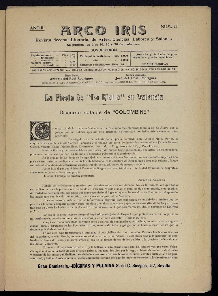 Miniatura de Arco Iris: revista literaria de artes, ciencias, modas y salones del 20 de junio de 1907, nº 29