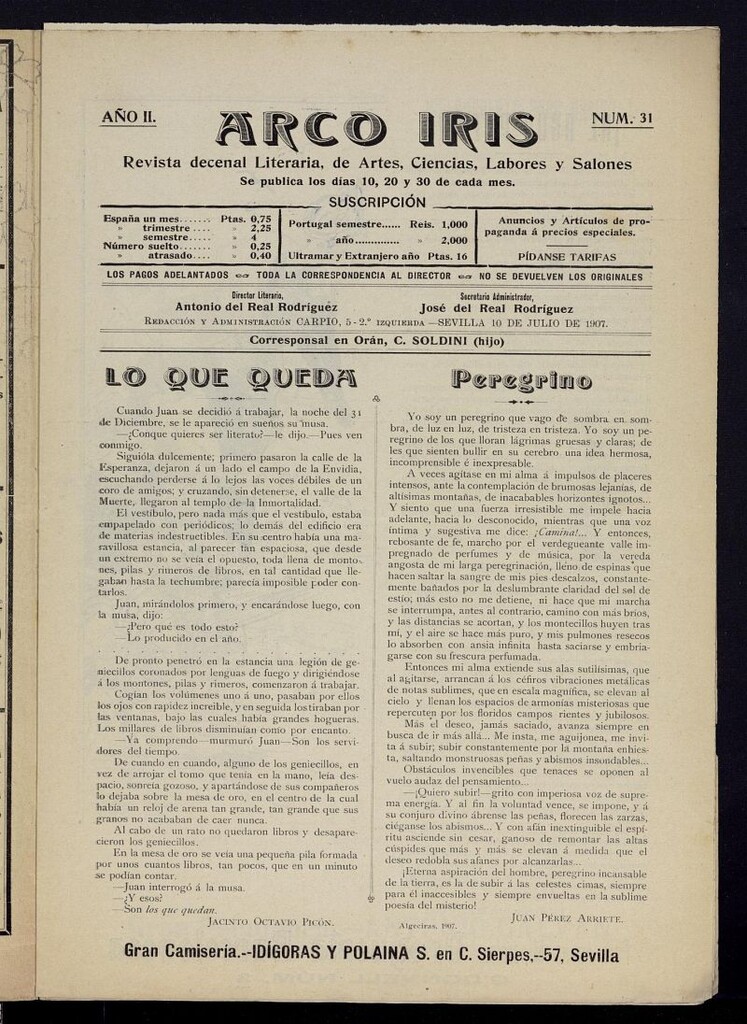 Miniatura de Arco Iris: revista literaria de artes, ciencias, modas y salones del 10 de julio de 1907, nº 31