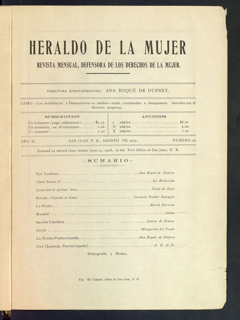 Miniatura de Heraldo de la Mujer: revista quincenal bilingüe defensora de los derechos de la mujer de agosto de 1919, nº 23