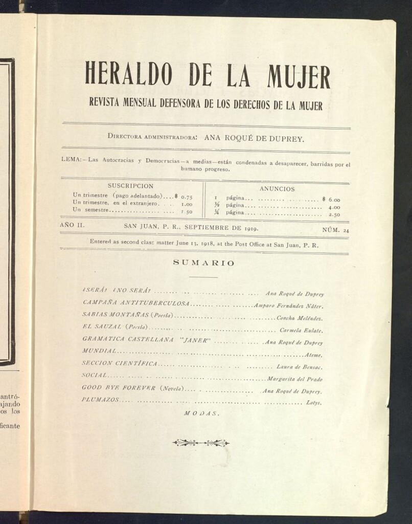 Miniatura de Heraldo de la Mujer: revista quincenal bilingüe defensora de los derechos de la mujer de septiembre de 1919, nº 24