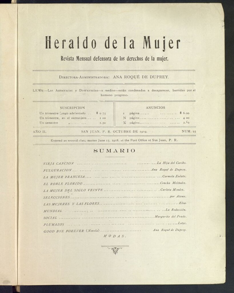 Miniatura de Heraldo de la Mujer: revista quincenal bilingüe defensora de los derechos de la mujer de octubre de 1919, nº 25