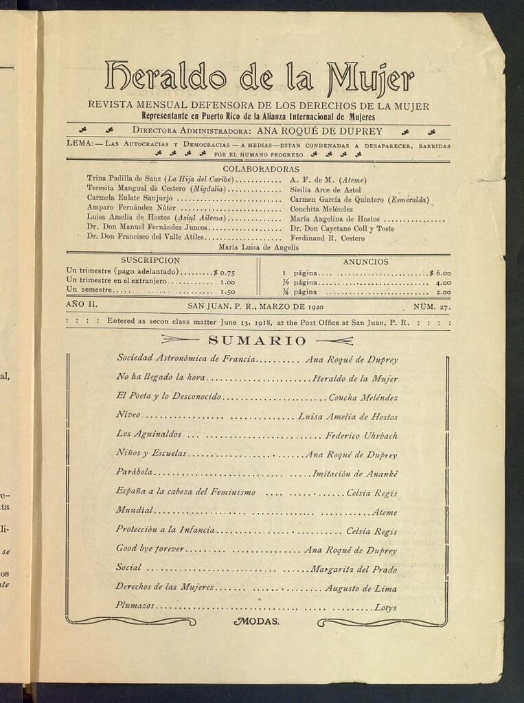 Miniatura de Heraldo de la Mujer: revista quincenal bilingüe defensora de los derechos de la mujer de marzo de 1920, nº 27
