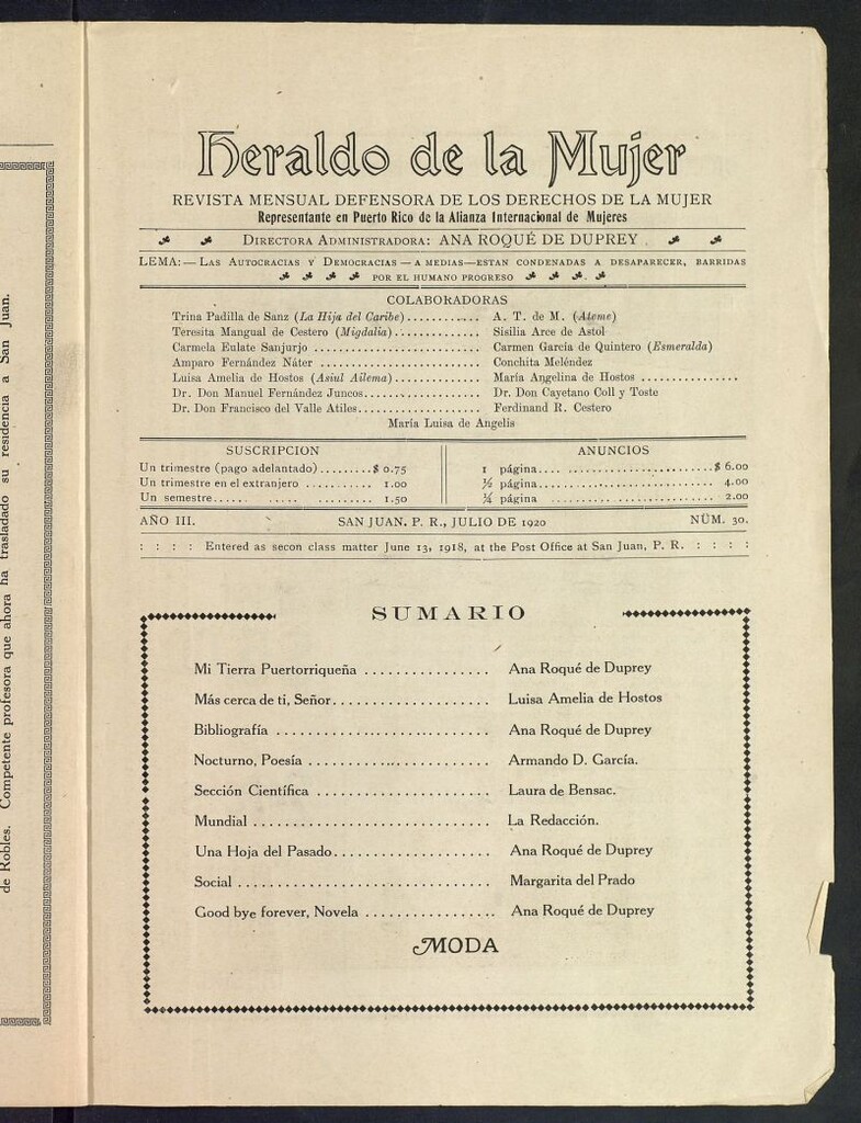 Miniatura de Heraldo de la Mujer: revista quincenal bilingüe defensora de los derechos de la mujer de julio de 1920, nº 30