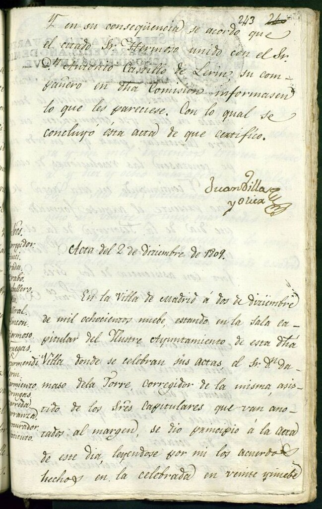 Miniatura de Libro de Acuerdos del Ayuntamiento de Madrid del 2 de Diciembre de 1809