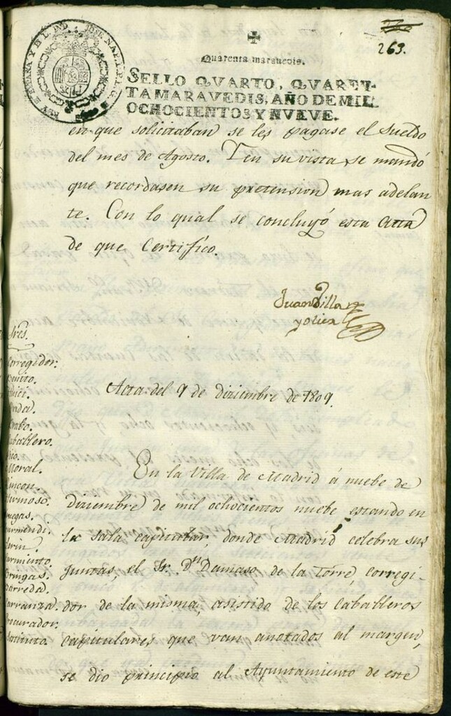 Miniatura de Libro de Acuerdos del Ayuntamiento de Madrid del 9 de Diciembre de 1809