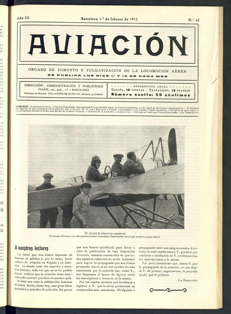 Miniatura de Aviación (Barcelona) del 1 de febrero 1912, nº 43