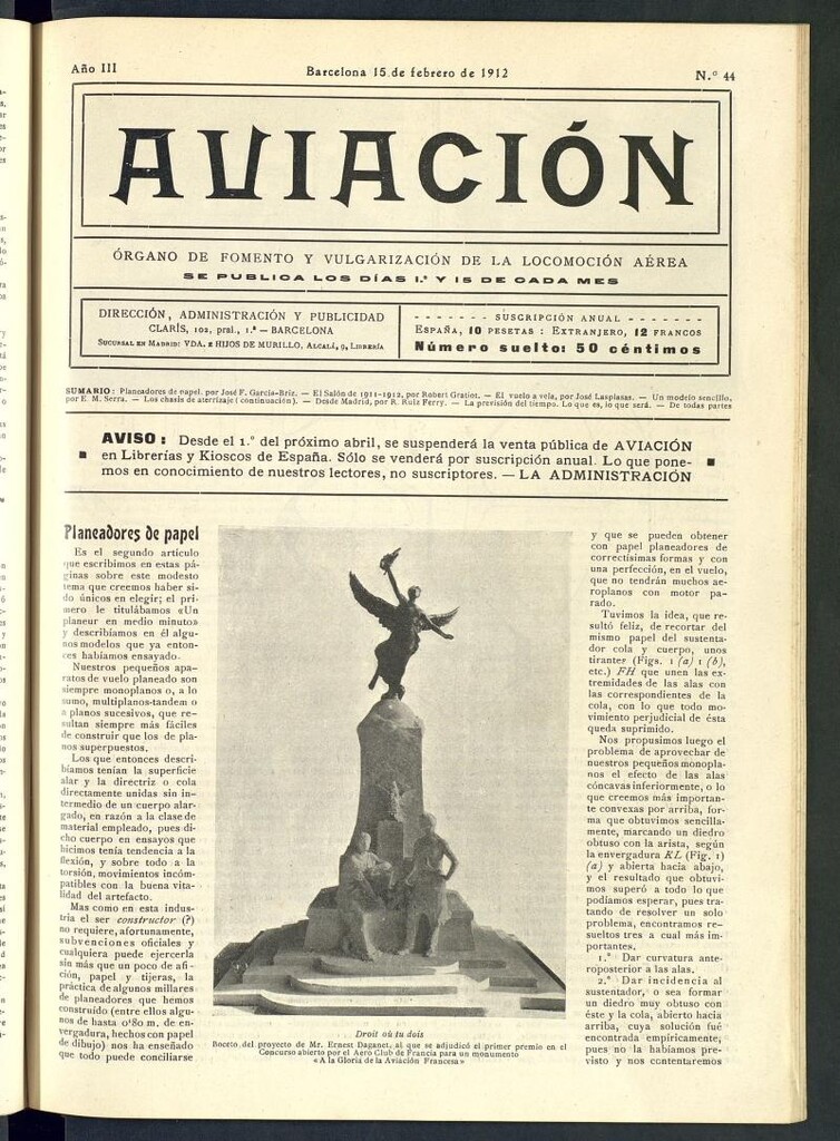 Miniatura de Aviación (Barcelona) del 15 de febrero 1912, nº 44