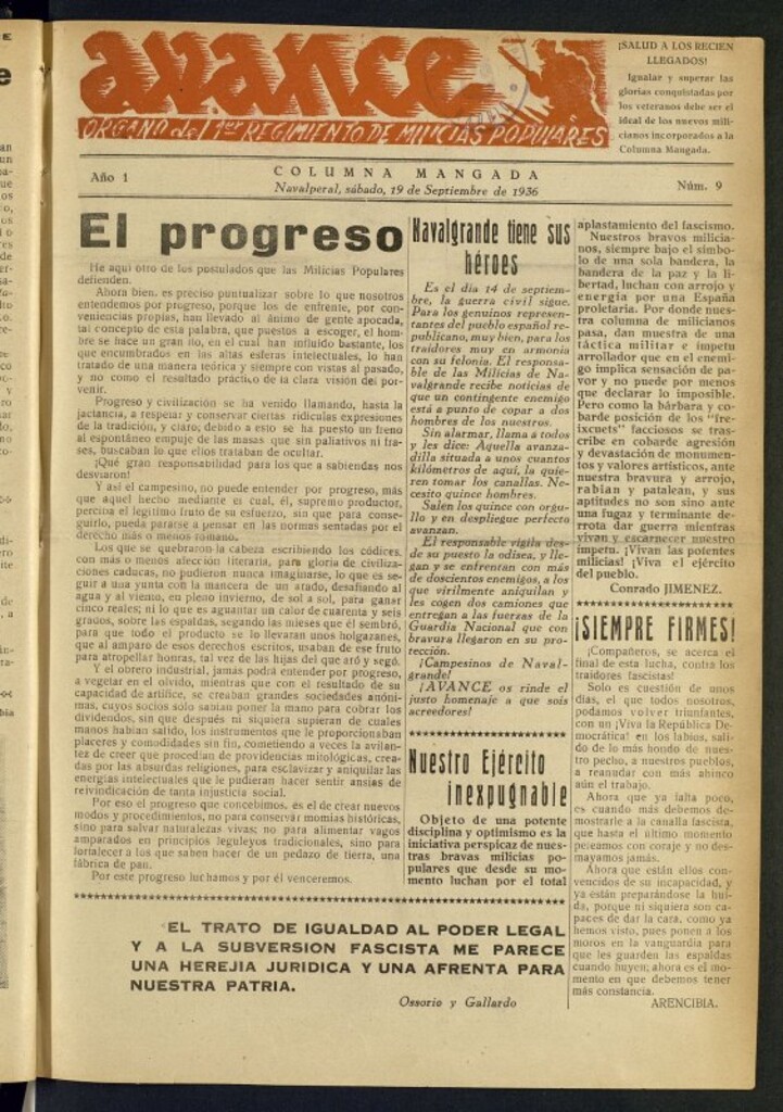 Miniatura de Avance: boletín de lucha antifascista de 19 de septiembre de 1936, nº 9