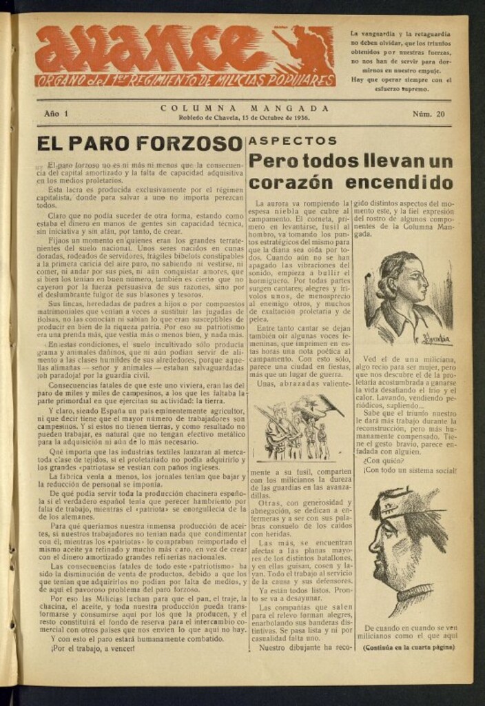 Miniatura de Avance: boletín de lucha antifascista de 15 de octubre de 1936, nº 20