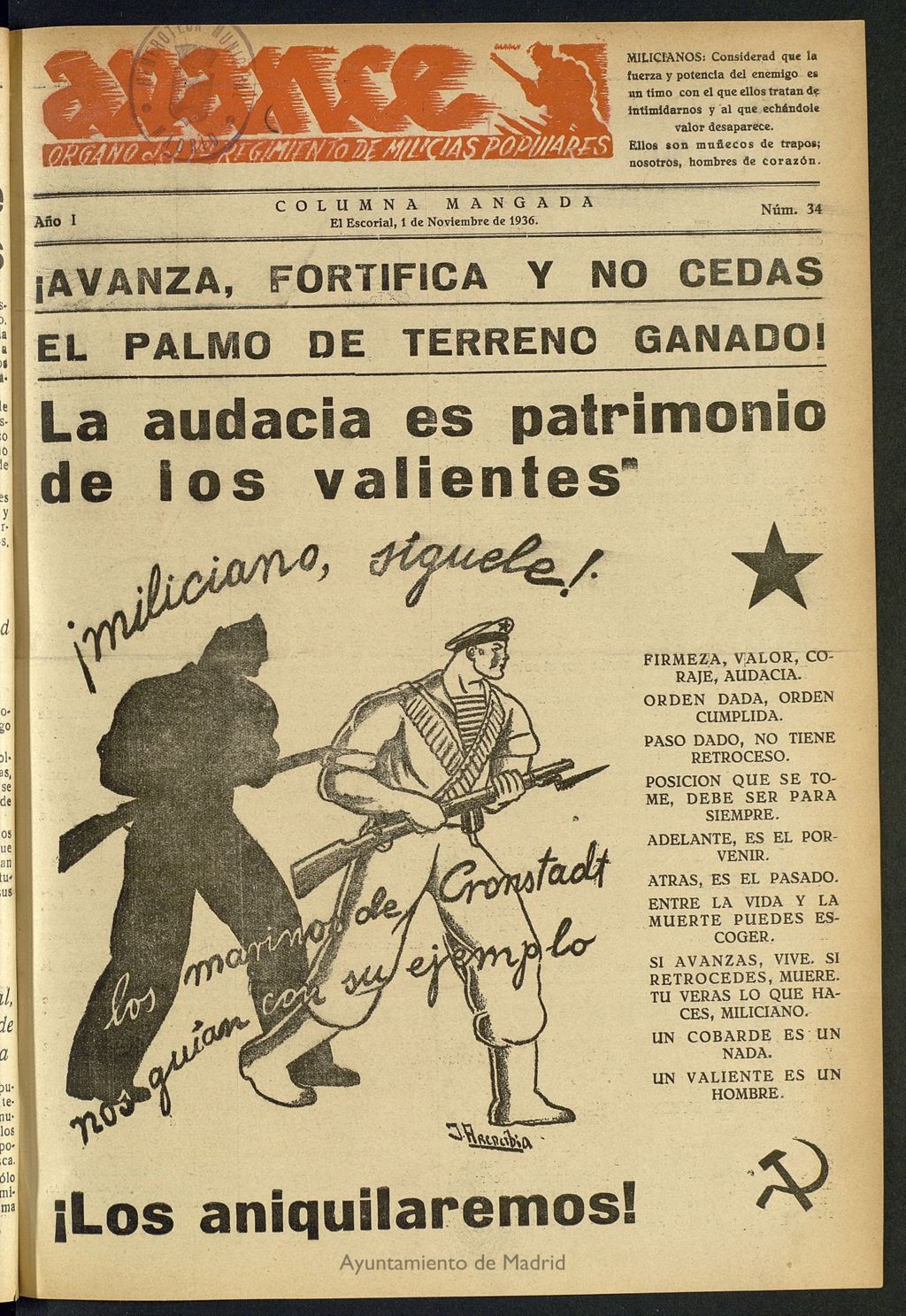 Miniatura de Avance: boletín de lucha antifascista de 1 de noviembre de 1936, nº 34