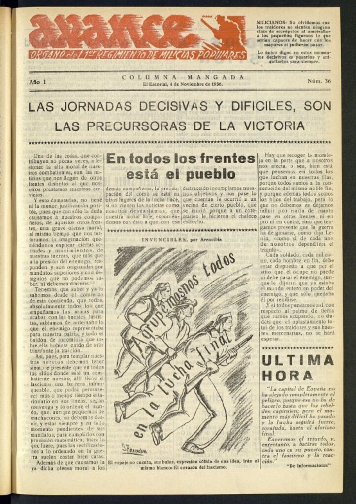 Miniatura de Avance: boletín de lucha antifascista de 4 de noviembre de 1936, nº 36