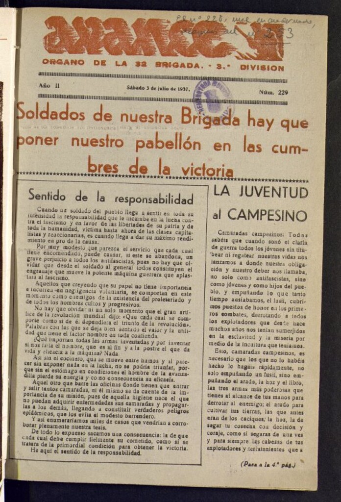 Miniatura de Avance: órgano de la XXXII brigada, de 3 de julio de 1937, nº 229