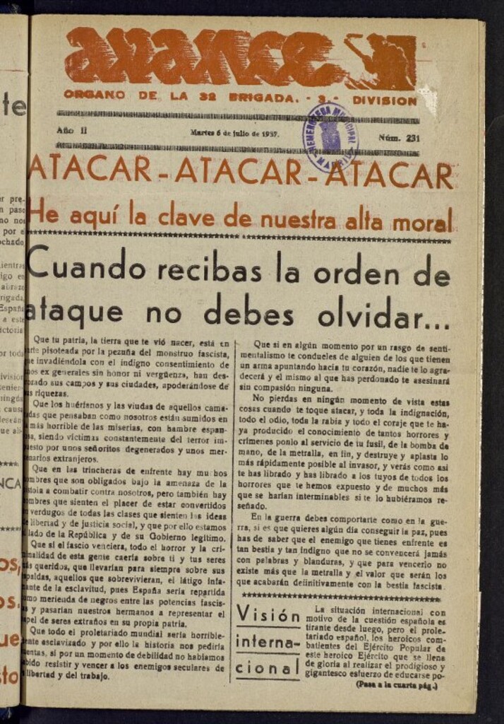 Miniatura de Avance: órgano de la XXXII brigada, de 6 de julio de 1937, nº 231