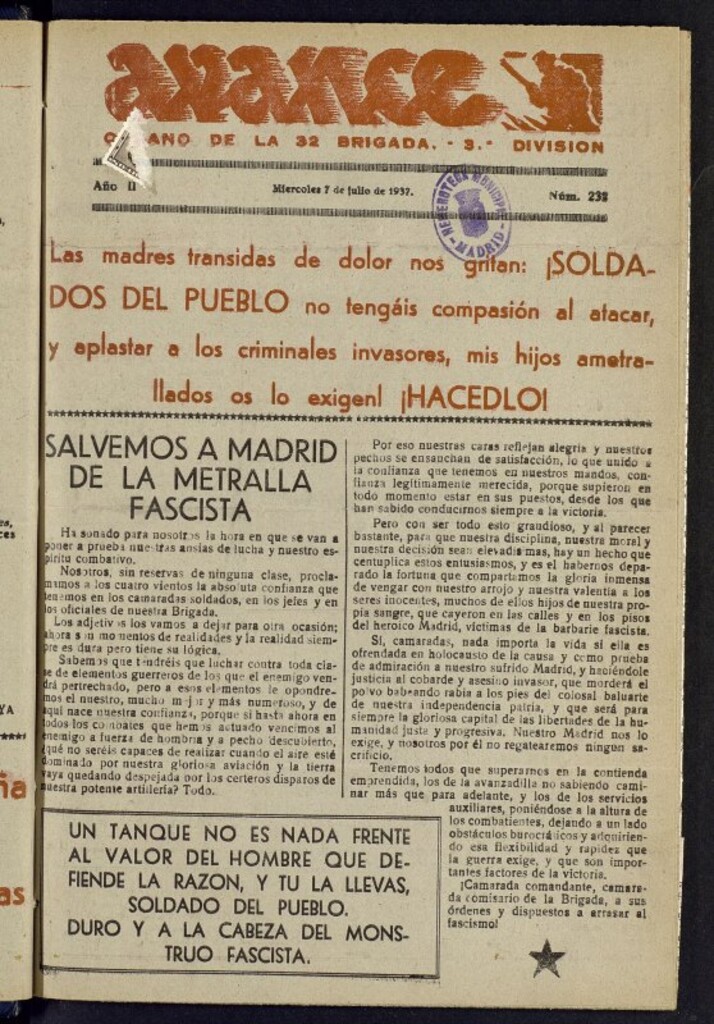 Miniatura de Avance: órgano de la XXXII brigada, de 7 de julio de 1937, nº 232