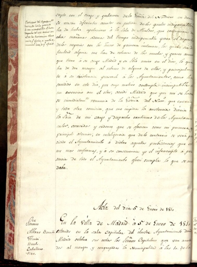 Miniatura de Libro de Acuerdos del Ayuntamiento de Madrid del 5 de enero de 1810