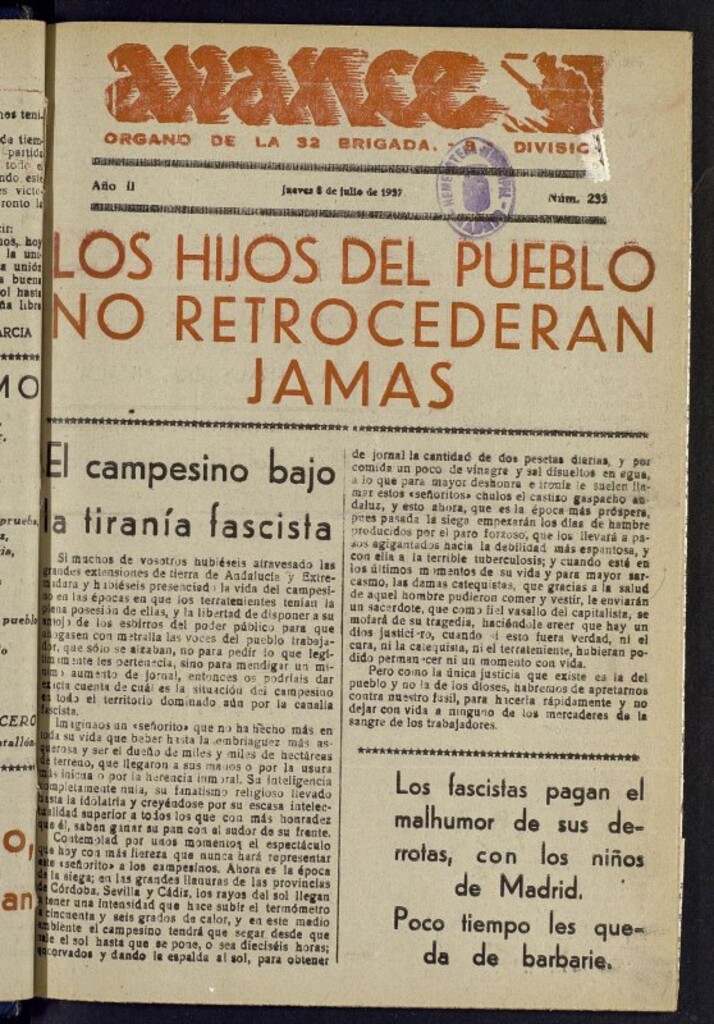 Miniatura de Avance: órgano de la XXXII brigada, de 8 de julio de 1937, nº 233