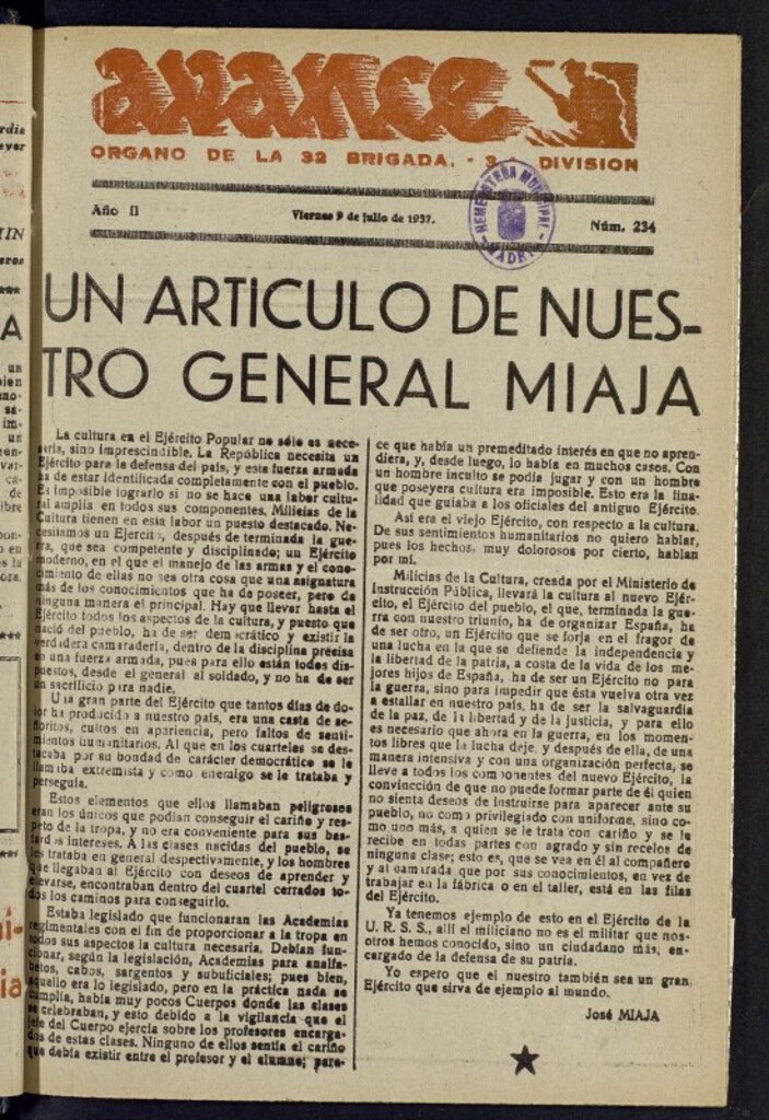 Miniatura de Avance: órgano de la XXXII brigada, de 9 de julio de 1937, nº 234