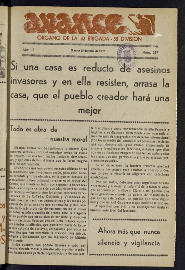 Miniatura de Avance: órgano de la XXXII brigada, de 13 de julio de 1937, nº 237