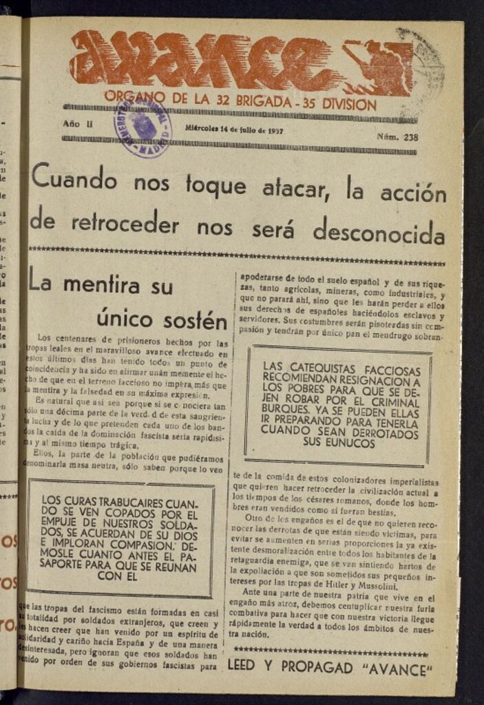 Miniatura de Avance: órgano de la XXXII brigada, de 14 julio de 1937, nº 238