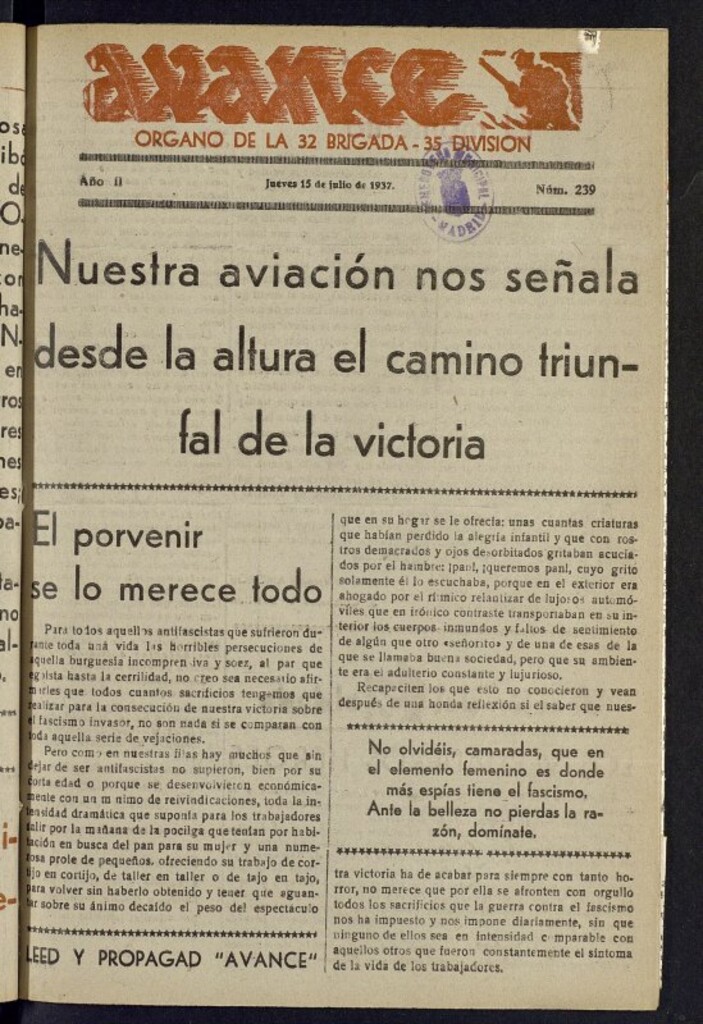 Miniatura de Avance: órgano de la XXXII brigada, de 15 de julio de 1937, nº 239
