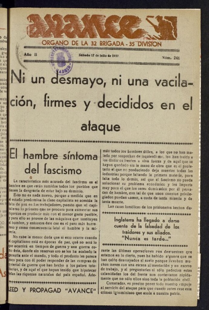 Miniatura de Avance: órgano de la XXXII brigada, de 17 de julio de 1937, nº 241
