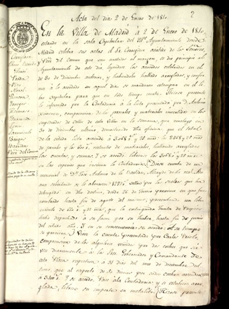 Miniatura de Libro de Acuerdos del Ayuntamiento de Madrid del 2 de enero de 1810
