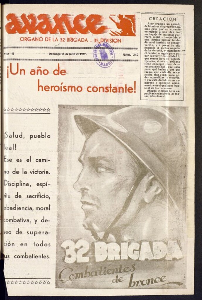 Miniatura de Avance: órgano de la XXXII brigada, de 18 de julio de 1937, nº 242