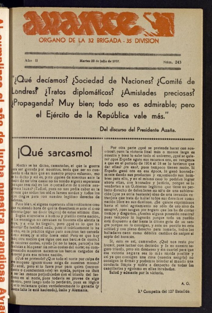 Miniatura de Avance: órgano de la XXXII brigada, de 20 de julio de 1937, nº 243