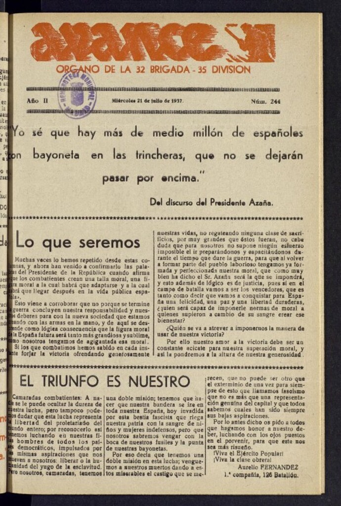Miniatura de Avance: órgano de la XXXII brigada, de 21 de julio de 1937, nº 244