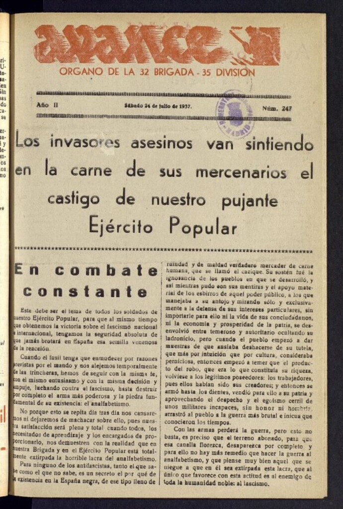 Miniatura de Avance: órgano de la XXXII brigada, de 24 de julio de 1937, nº 247