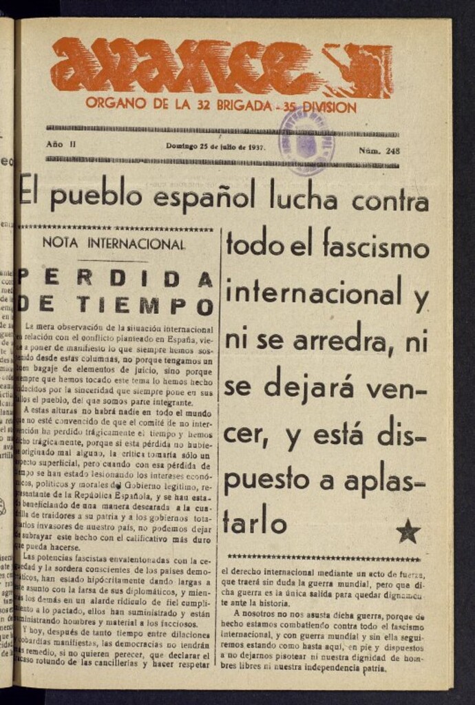 Miniatura de Avance: órgano de la XXXII brigada, de 25 de julio de 1937, nº 248