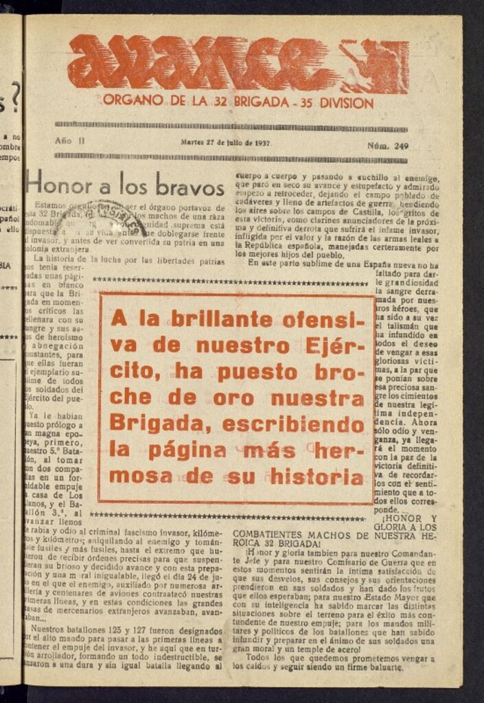 Miniatura de Avance: órgano de la XXXII brigada, de 27 de julio de 1937, nº 249