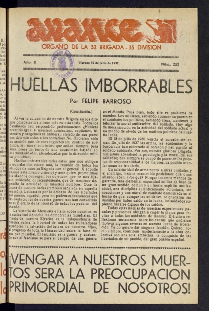 Miniatura de Avance: órgano de la XXXII brigada, de 30 de julio de 1937, nº 252
