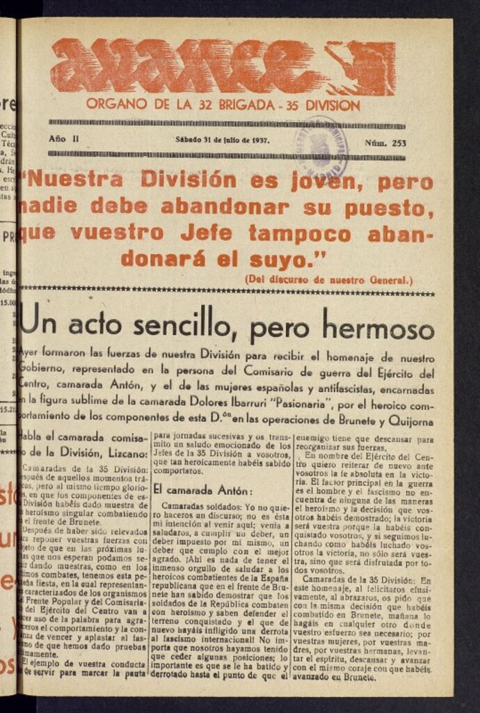 Miniatura de Avance: órgano de la XXXII brigada, de 31 de julio de 1937, nº 253